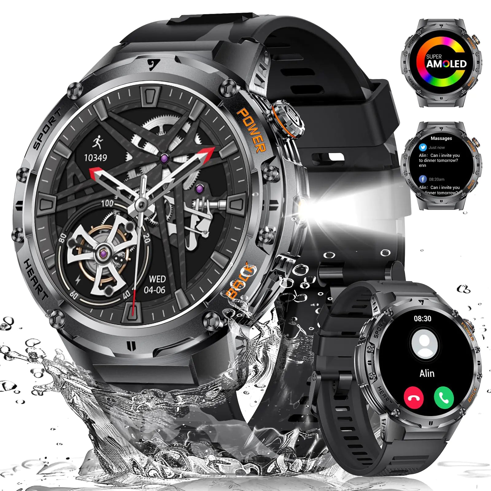 HIRREO Military Smart Watch for Men Flashlight 100+ Sports Modes Fitness Tracker Smartwatch 1.43 AMOLED Display 5ATM Waterproof Heart Rate/Sleep Monitor Mens Smart Watches for Android iOS