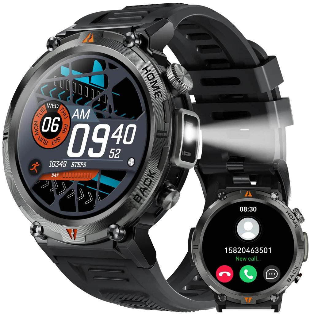 Montre Connectée Militaire pour Hommes avec Lampe de Poche LED 1.45” Étanche 3ATM Robuste avec Plus de 100 Modes Sportifs, Traqueur de Fitness avec Moniteur de Fréquence Cardiaque et de Sommeil, Montre Tactique pour iPhone Android