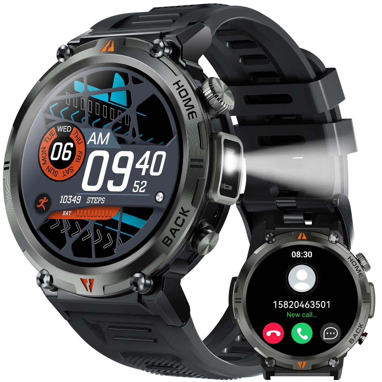 Montre Connectée Militaire pour Hommes avec Lampe de Poche LED 1.45” Étanche 3ATM Robuste avec Plus de 100 Modes Sportifs, Traqueur de Fitness avec Moniteur de Fréquence Cardiaque et de Sommeil, Montre Tactique pour iPhone Android