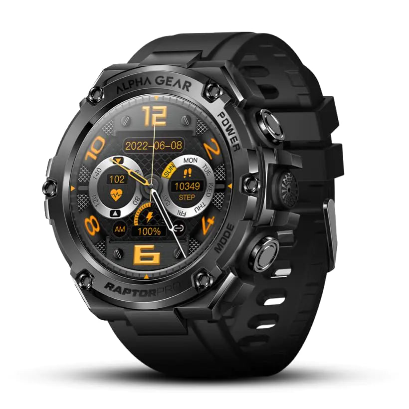 Montre intelligente robuste ALPHAGEAR Raptor PRO pour iPhone et Android (Appel/Reception d'appel) Traqueur de bien-être avec écran AMOLED 1.58" Autonomie de batterie de 10-14 jours 5 ATM (2x protections d'écran incluses)